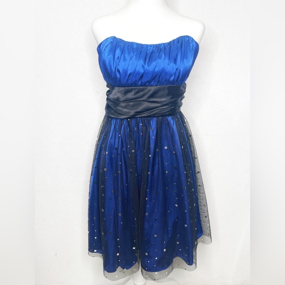 Blondie Nites Strapless Black & Blue Sequined Mini Dress Juniors Size 13 Sparkle